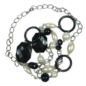 Necklace 36 In Silvertone Chain Strand Faux Pearl Black Plastic Beaded Statement